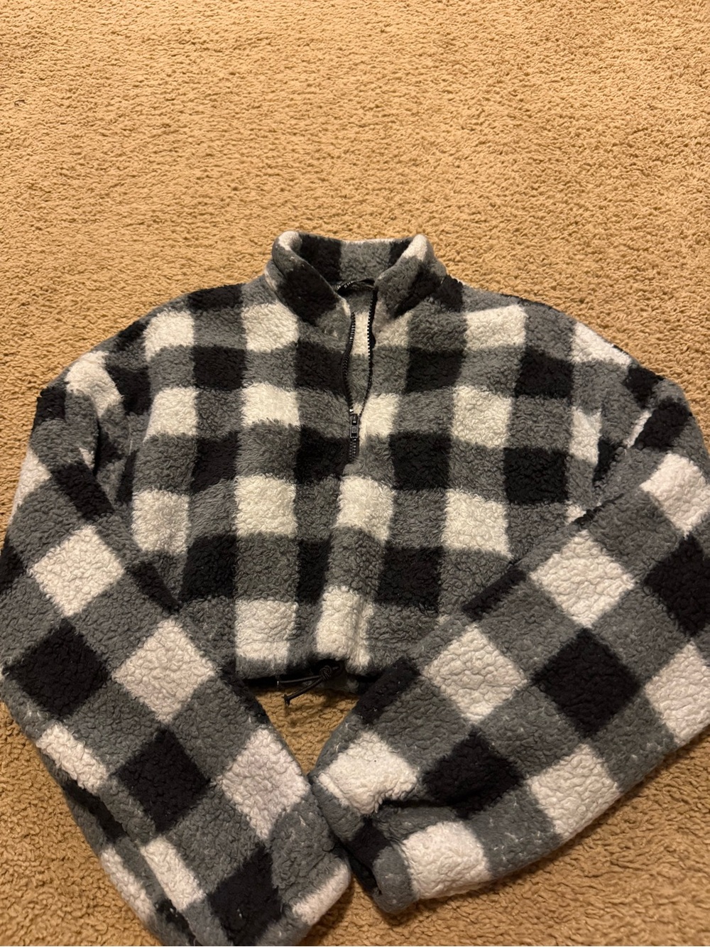 SHEIN Black & White Check Sherpa Quarter-Zip Sweater